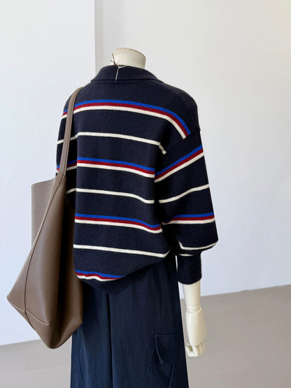 CHAO-level recommendation! Winter outfit ~ Navy blue contrast striped Polo collar atmosphere long-sleeved knitted sweater