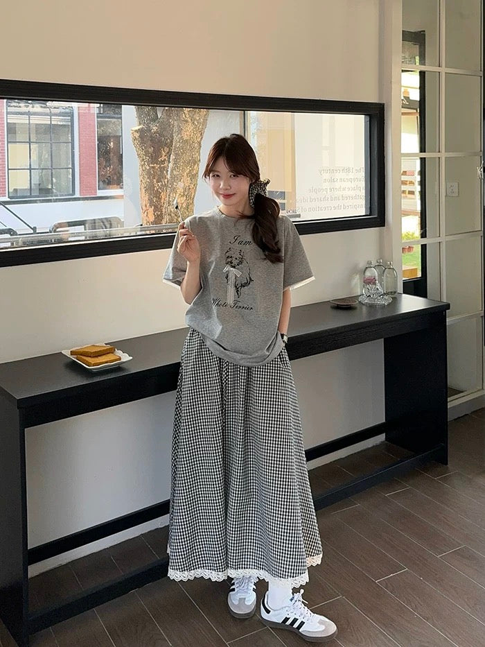 Kumikumi lazy style suit for women cute dog print short-sleeved T-shirt summer plaid skirt two-piece suit