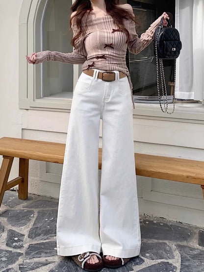 American retro high waist flared jeans wide leg pants women's summer high waist white flared pants mopping casual pants