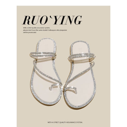 41 to 43 large size rhinestone sandals for women summer outdoor wear clip toe flat versatile fairy style two-way sandals for women