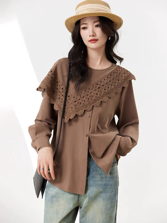 Spliced Tencel shirt for women spring and autumn 2024 new European style loose design fashionable and slim long-sleeved top