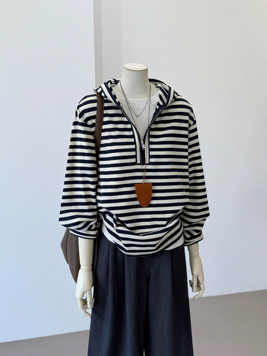 CHAO-level recommendation! Top autumn outfit~Korean navy blue striped half-zip casual lazy hoodie for women