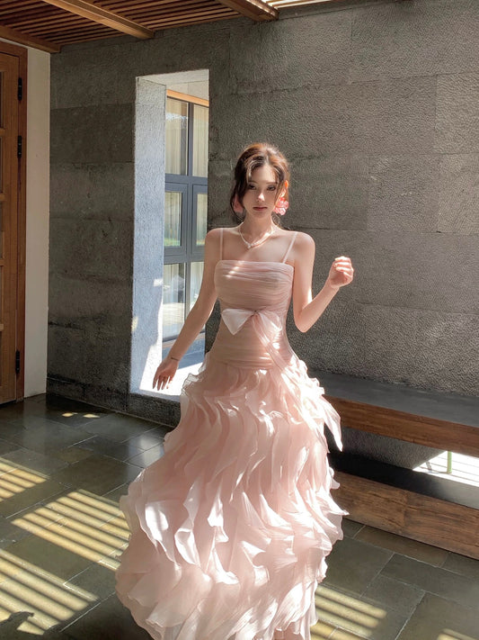 Good Job! 【Fragrance of Flowers in the Breeze】French-style Pink Sleeveless Strapless Dress, Strapless Vacation Birthday Gown