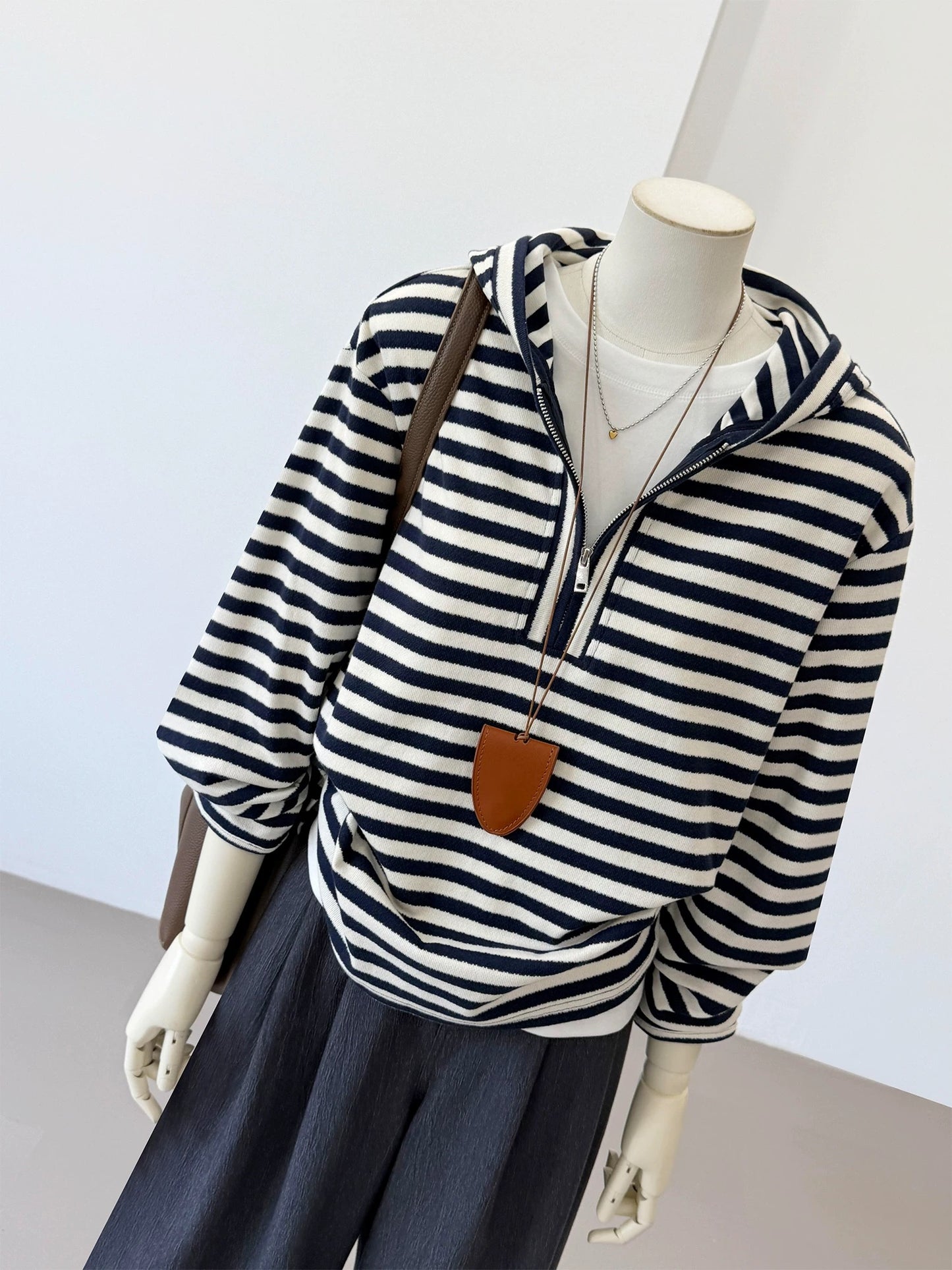 CHAO-level recommendation! Top autumn outfit~Korean navy blue striped half-zip casual lazy hoodie for women