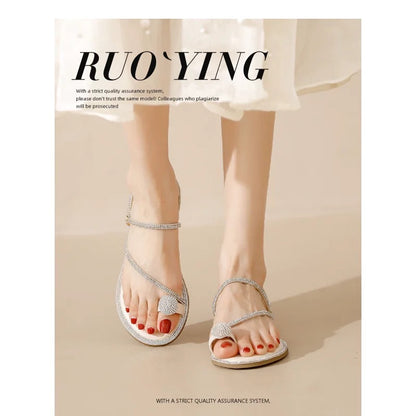41 to 43 large size rhinestone sandals for women summer outdoor wear clip toe flat versatile fairy style two-way sandals for women