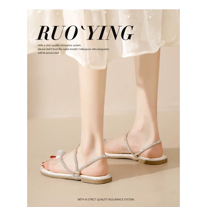 41 to 43 large size rhinestone sandals for women summer outdoor wear clip toe flat versatile fairy style two-way sandals for women
