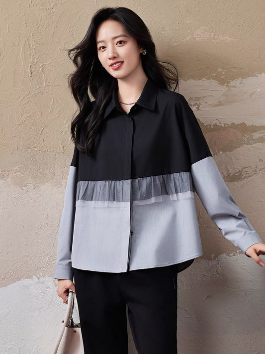 Mesh splicing fake two-piece shirt for women Spring and Autumn 2024 new European style loose large size foreign style slim long-sleeved top