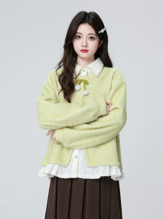 Women's Green Faux Two-Piece Sweatshirt, Autumn/Winter 2026 New Style, Loose Polo Collar, Irregular Hoodless Top