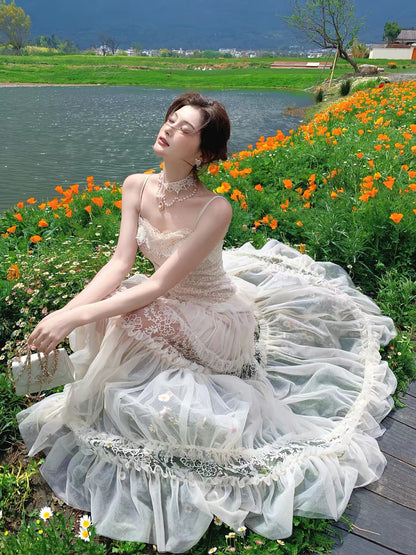 Good Job! 【Swan Ballet】French Lace Jacquard Spaghetti Strap Tulle Dress, Summer Resort Fairy Long Dress