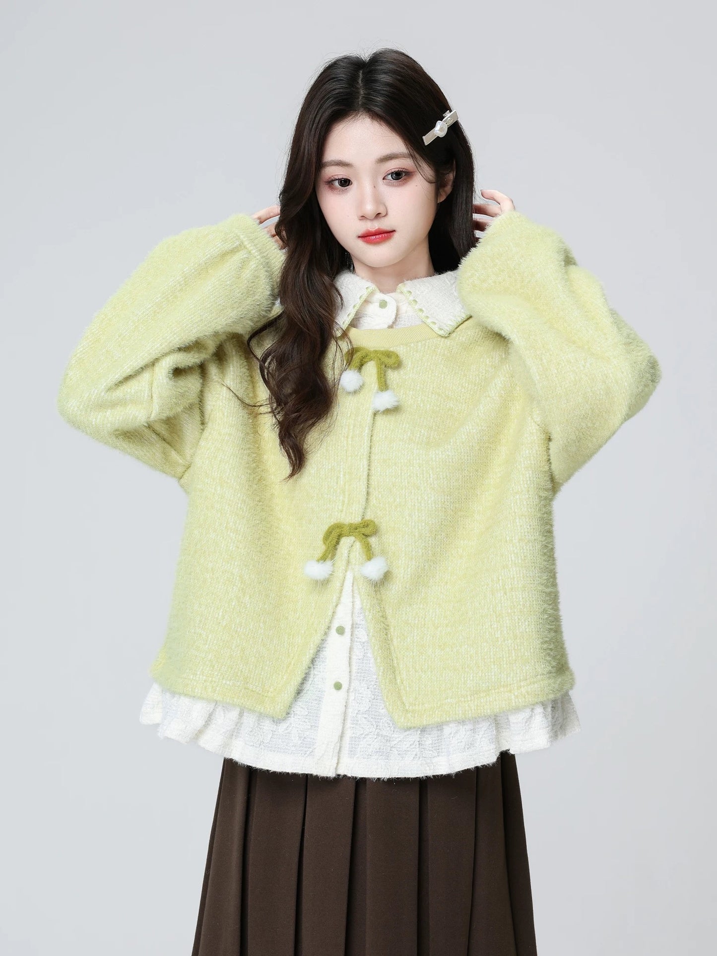 Women's Green Faux Two-Piece Sweatshirt, Autumn/Winter 2026 New Style, Loose Polo Collar, Irregular Hoodless Top