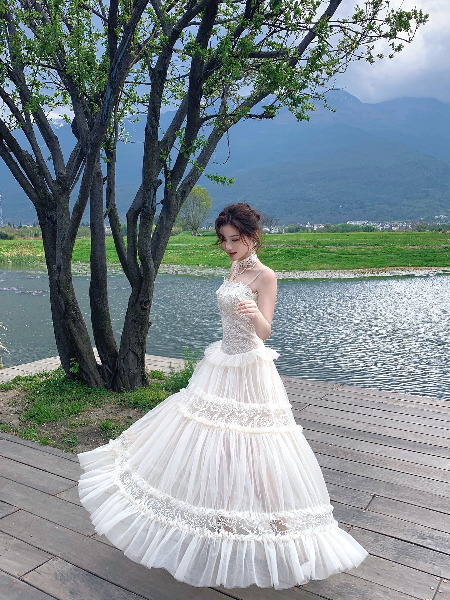 Good Job! 【Swan Ballet】French Lace Jacquard Spaghetti Strap Tulle Dress, Summer Resort Fairy Long Dress