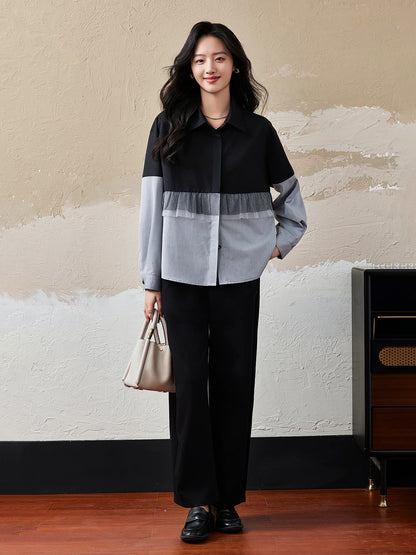 Mesh splicing fake two-piece shirt for women Spring and Autumn 2024 new European style loose large size foreign style slim long-sleeved top