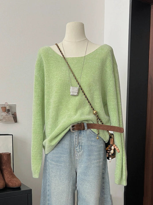 CHAO-level recommendation! Top autumn outfit~Korean style green one-shoulder soft and loose knitted blouse for women