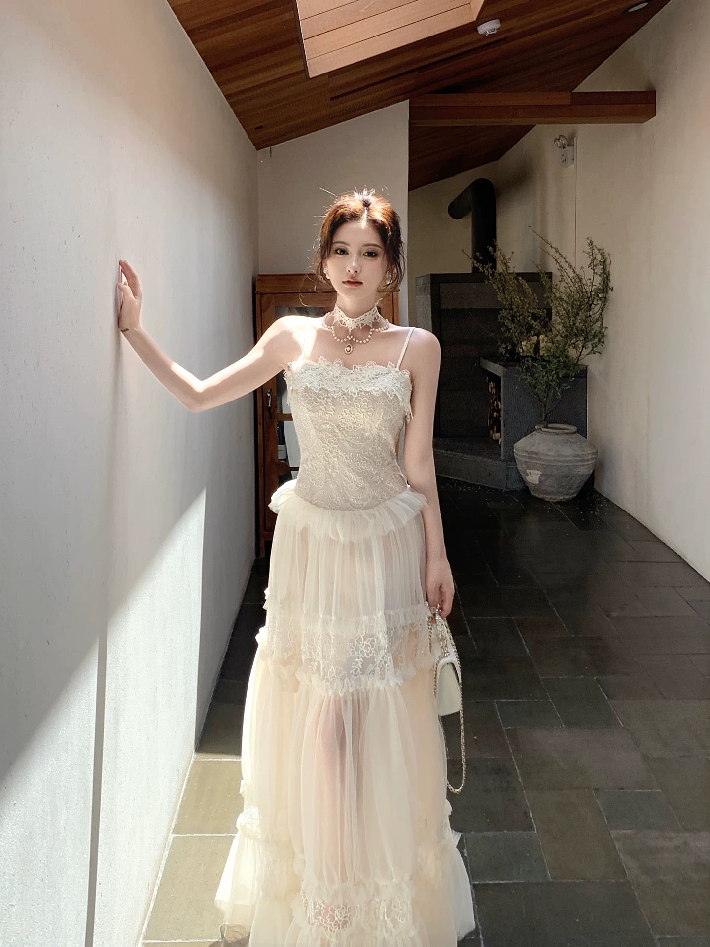 Good Job! 【Swan Ballet】French Lace Jacquard Spaghetti Strap Tulle Dress, Summer Resort Fairy Long Dress
