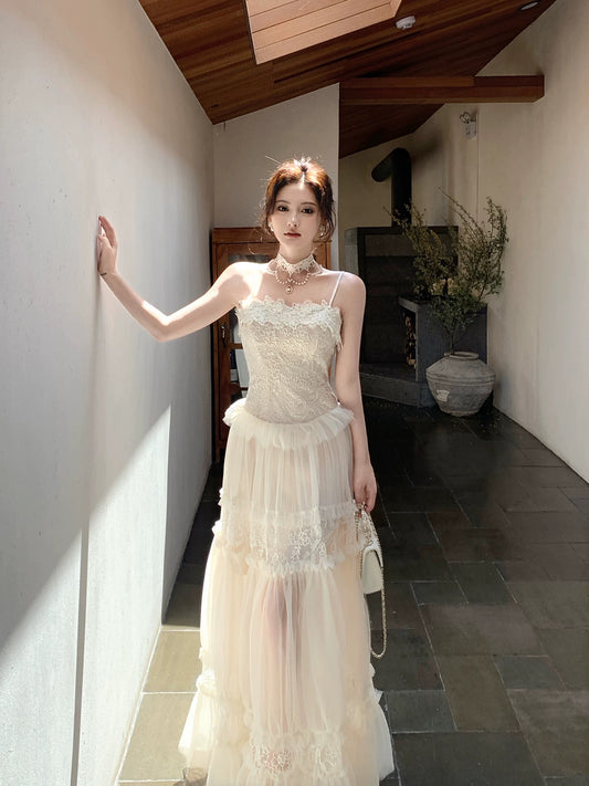 Good Job! 【Swan Ballet】French Lace Jacquard Spaghetti Strap Tulle Dress, Summer Resort Fairy Long Dress