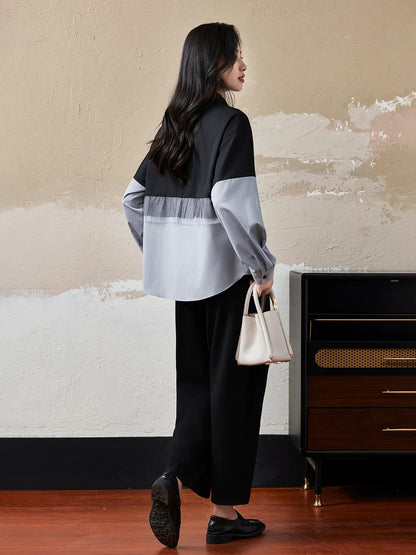 Mesh splicing fake two-piece shirt for women Spring and Autumn 2024 new European style loose large size foreign style slim long-sleeved top