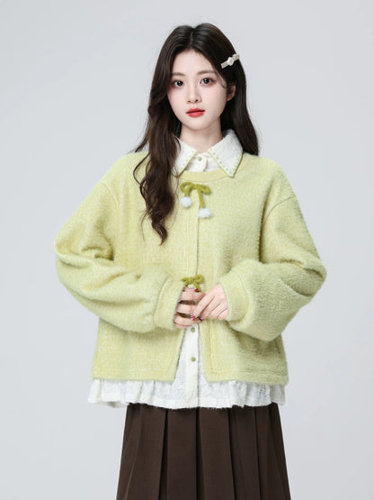 Women's Green Faux Two-Piece Sweatshirt, Autumn/Winter 2026 New Style, Loose Polo Collar, Irregular Hoodless Top