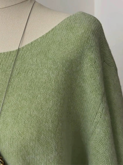 CHAO-level recommendation! Top autumn outfit~Korean style green one-shoulder soft and loose knitted blouse for women
