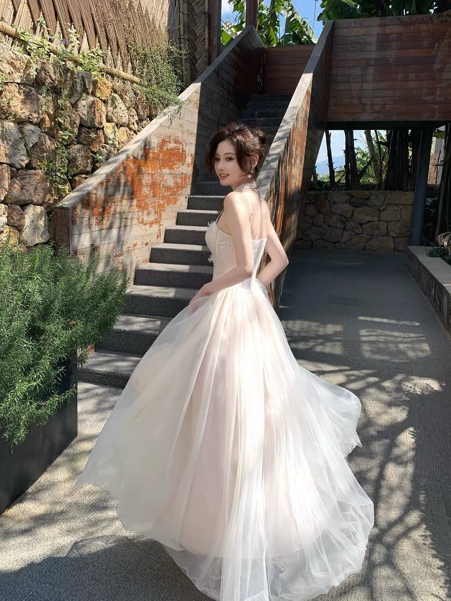 Good Job! 【Film Holiday】French Pink Spaghetti Strap Mermaid Dress Women's Lace Mesh Vacation Maxi Dress