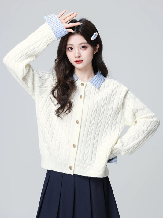 Apricot-colored faux two-piece cable knit sweater cardigan for women, autumn and winter 2026 new style, POLO collar knitted short top.