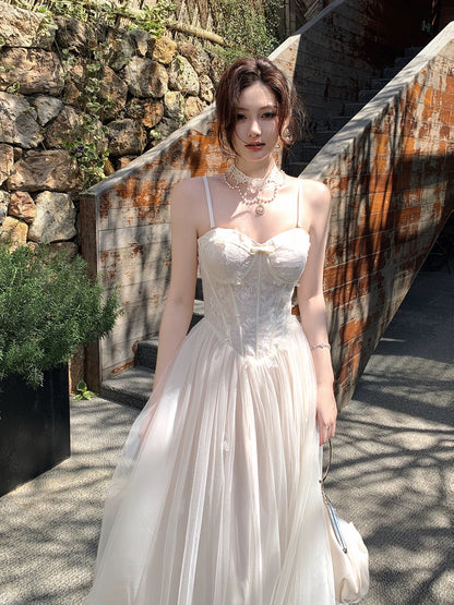 Good Job! 【Film Holiday】French Pink Spaghetti Strap Mermaid Dress Women's Lace Mesh Vacation Maxi Dress