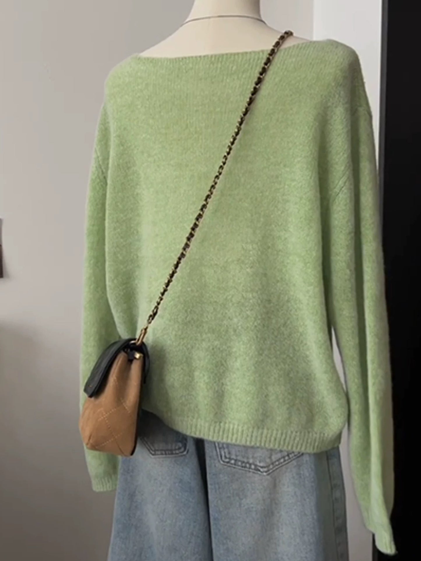 CHAO-level recommendation! Top autumn outfit~Korean style green one-shoulder soft and loose knitted blouse for women