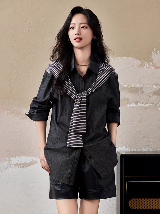 Yipinle plus size women's striped shawl splicing denim shirt women's spring and autumn 2024 new large size loose top