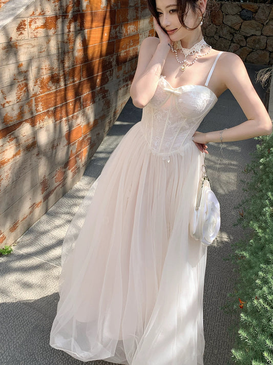Good Job! 【Film Holiday】French Pink Spaghetti Strap Mermaid Dress Women's Lace Mesh Vacation Maxi Dress