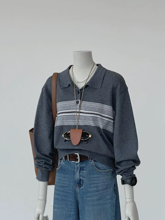 CHAO-level recommendation! Autumn top ~ Korean style gray polo shirt striped design soft and sticky knitted long sleeves for women