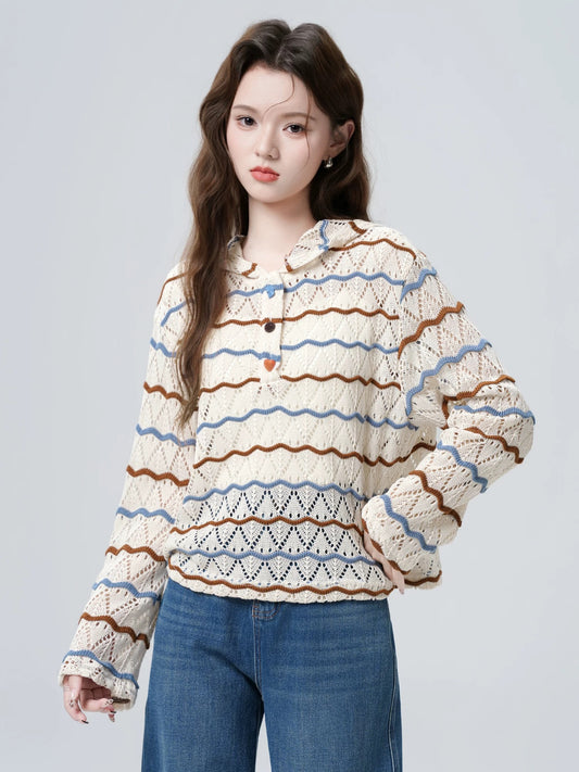 Women's hollowed-out striped hooded long-sleeved knit top, spring and autumn 2026 new style, color-blocked loose hoodie, short top