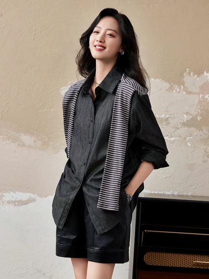 Yipinle plus size women's striped shawl splicing denim shirt women's spring and autumn 2024 new large size loose top
