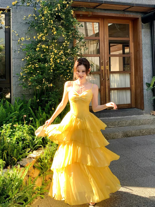 Good Job! 【Cheese Macaron】French Style Yellow Sleeveless Camisole Dress for Women, Summer Birthday Dress