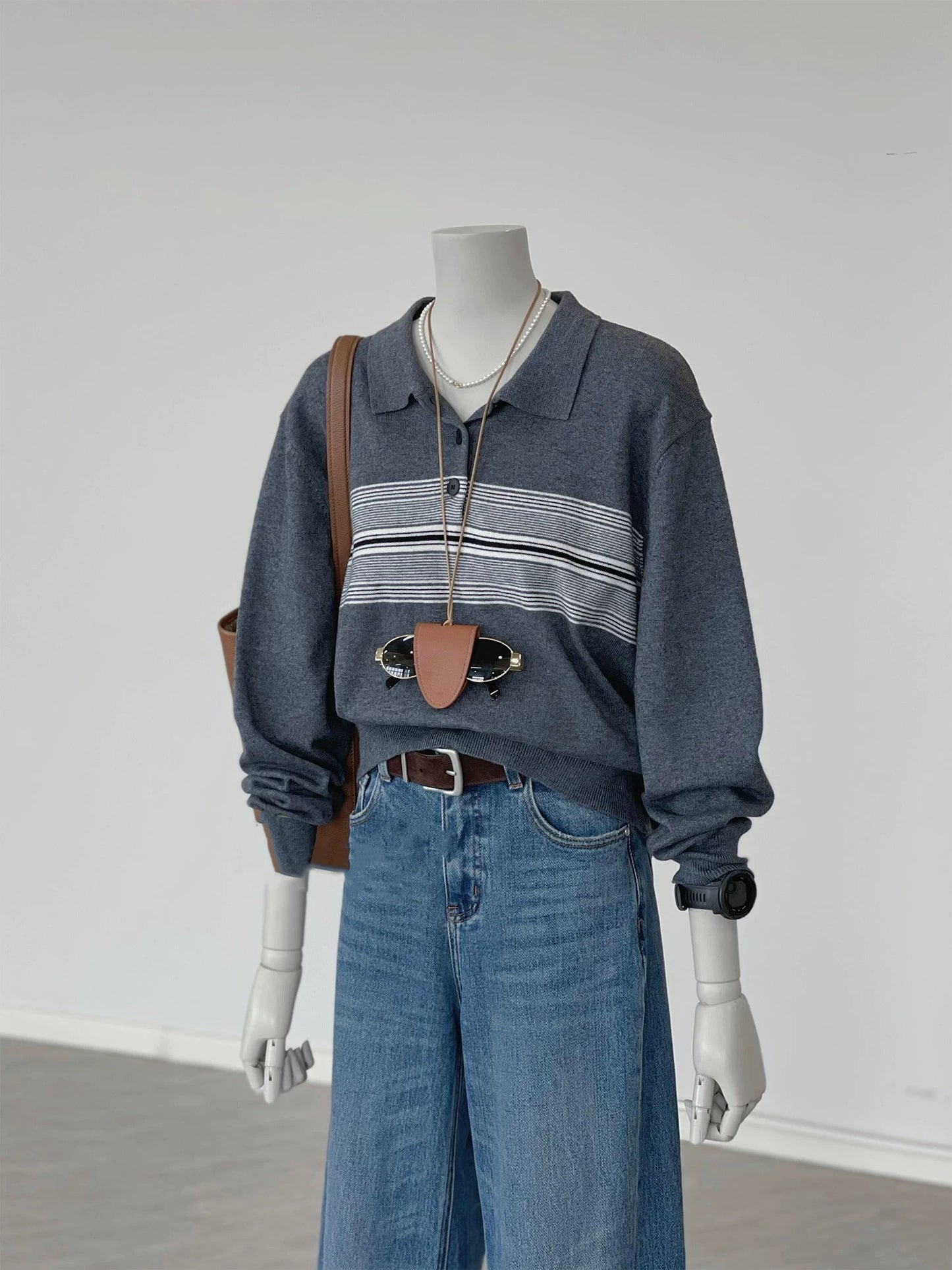 CHAO-level recommendation! Autumn top ~ Korean style gray polo shirt striped design soft and sticky knitted long sleeves for women