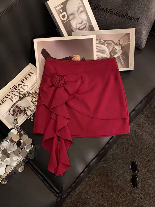 ZHOUYI Vintage Red High-Waisted A-Line Mini Skirt – Featuring 3D Rose, Bow, Ribbon Ties, and Ruffle Details