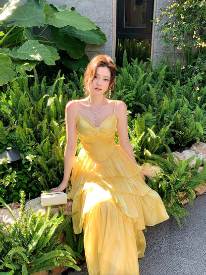 Good Job! 【Cheese Macaron】French Style Yellow Sleeveless Camisole Dress for Women, Summer Birthday Dress