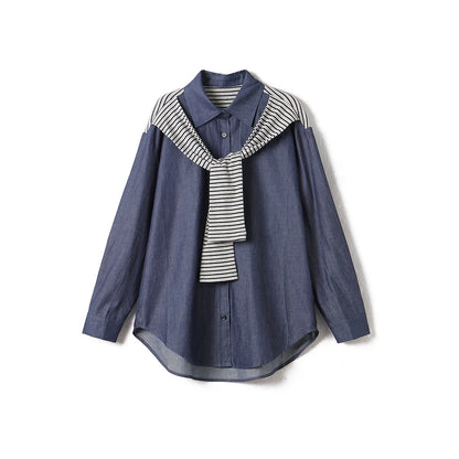 Yipinle plus size women's striped shawl splicing denim shirt women's spring and autumn 2024 new large size loose top