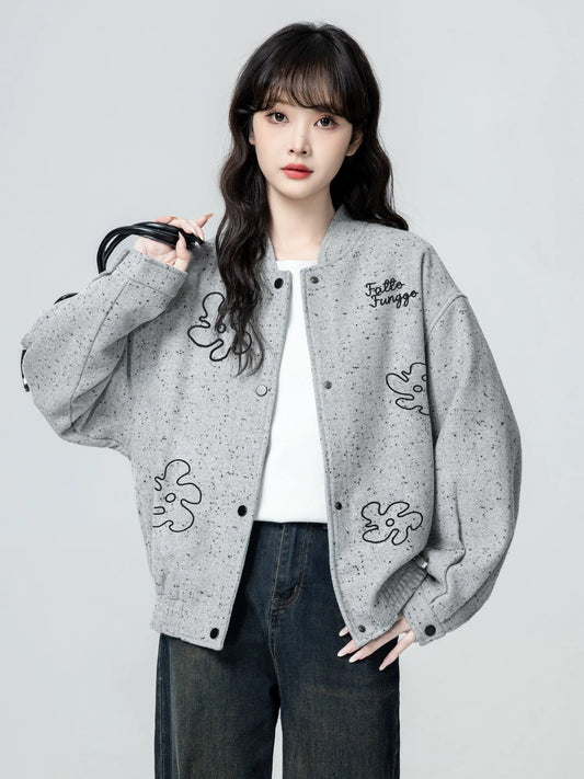 Women's Grey Stand Collar Casual Jacket, Spring and Autumn 2026 New Arrival, Embroidered Baseball Jacket Cardigan Top