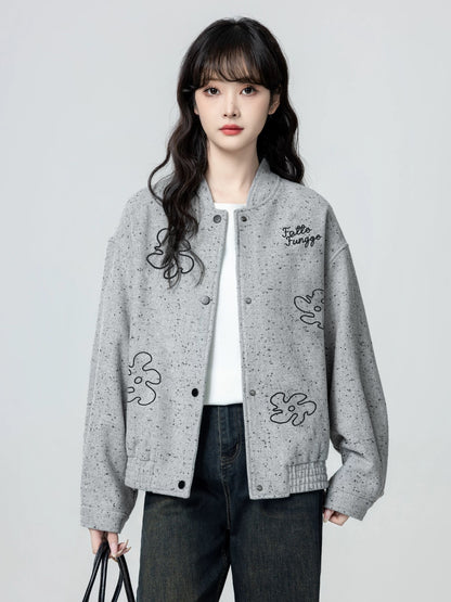 Women's Grey Stand Collar Casual Jacket, Spring and Autumn 2026 New Arrival, Embroidered Baseball Jacket Cardigan Top