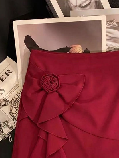 ZHOUYI Vintage Red High-Waisted A-Line Mini Skirt – Featuring 3D Rose, Bow, Ribbon Ties, and Ruffle Details