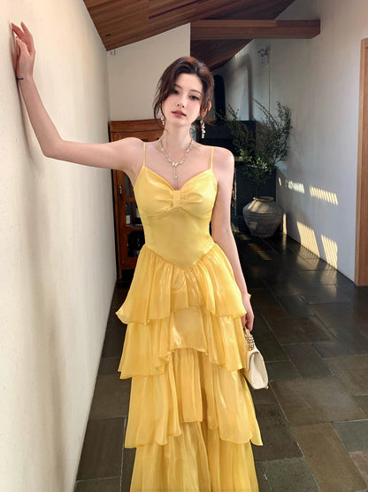 Good Job! 【Cheese Macaron】French Style Yellow Sleeveless Camisole Dress for Women, Summer Birthday Dress