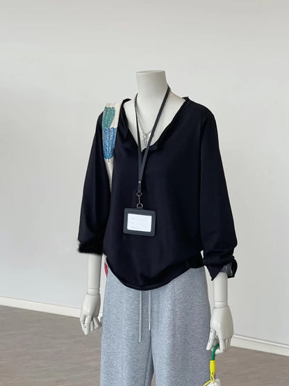CHAO-level recommendation! Korean black v-neck long-sleeved shirt 2025 autumn inner fashionable casual versatile top