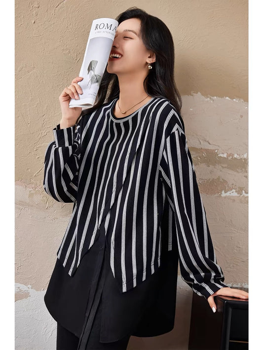Yipinle fake two-piece striped patchwork sweatshirt for women spring and autumn 2024 new European style loose large size casual top