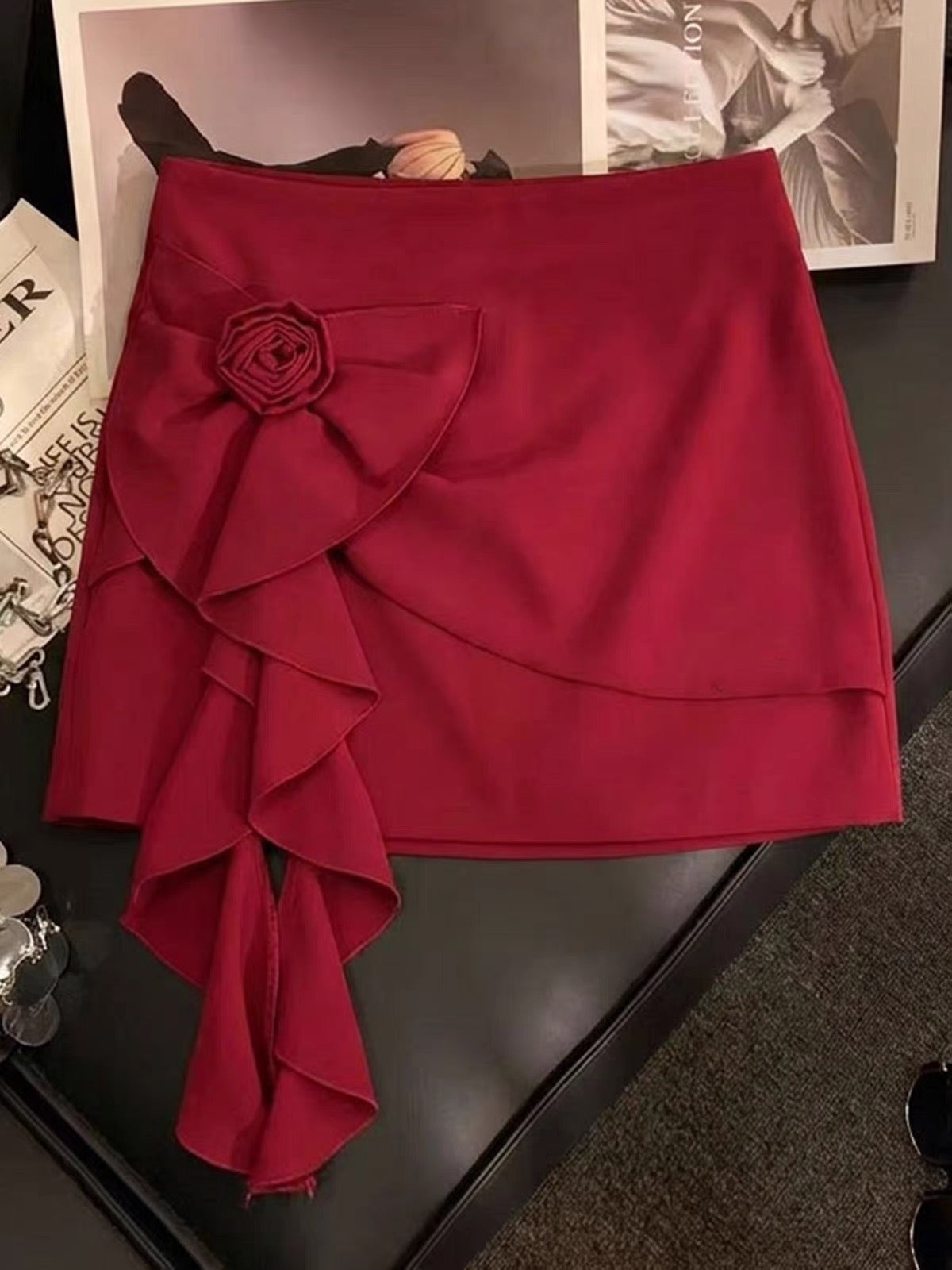 ZHOUYI Vintage Red High-Waisted A-Line Mini Skirt – Featuring 3D Rose, Bow, Ribbon Ties, and Ruffle Details