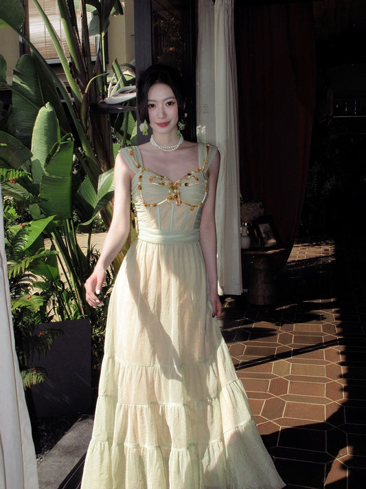 Good Job: 【Summer in Saint-Tropez】French-style Green Spaghetti Strap Tulle Dress, Unique Design Maxi Dress