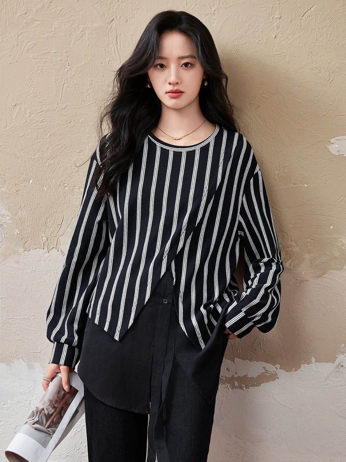 Yipinle fake two-piece striped patchwork sweatshirt for women spring and autumn 2024 new European style loose large size casual top