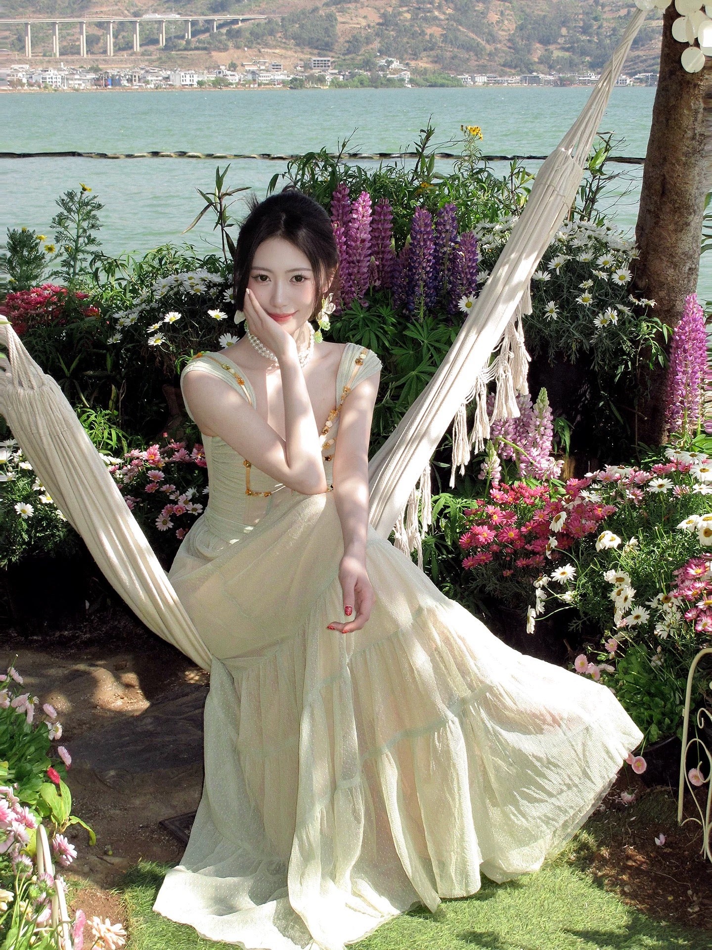 Good Job: 【Summer in Saint-Tropez】French-style Green Spaghetti Strap Tulle Dress, Unique Design Maxi Dress