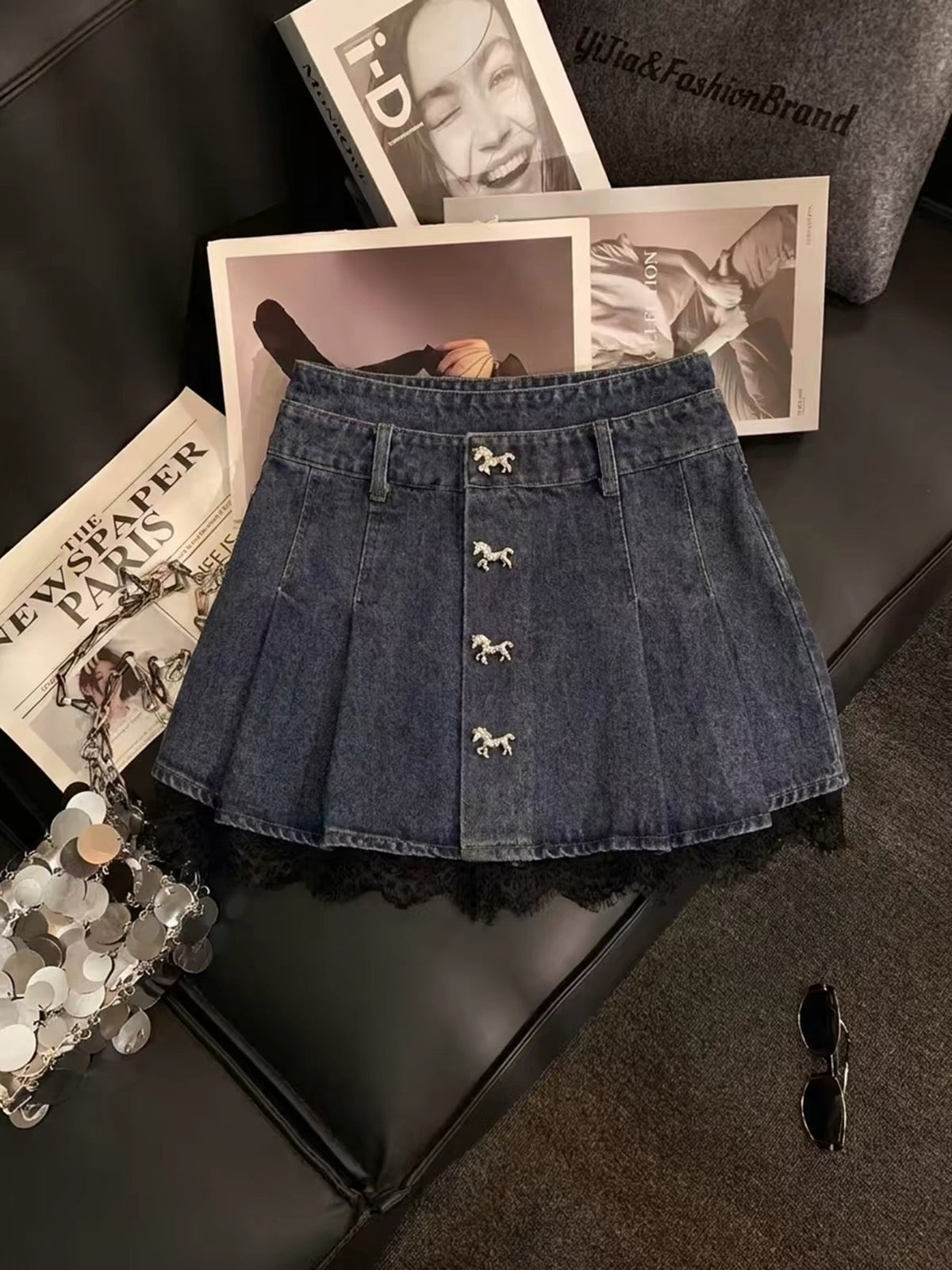 ZHOUYI High-Waisted Pleated Denim Mini Skirt with Premium Metal Buckle and Lace Panelling (Slimming Fit)