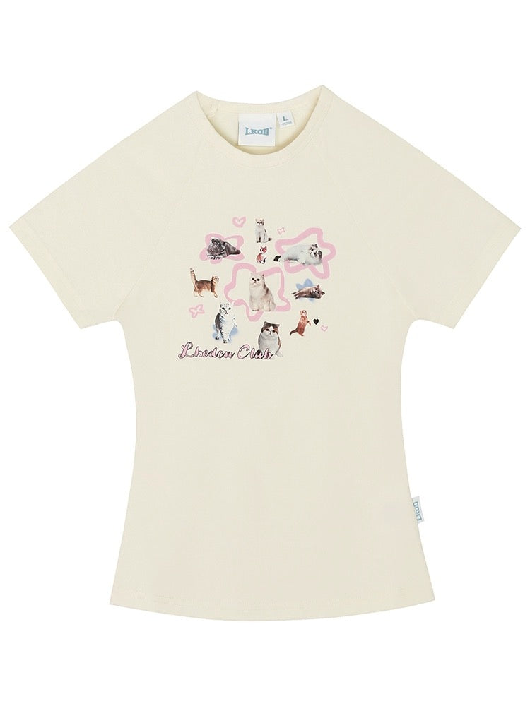 LK STORE LKOD2023 Women's Cat Print Slim Casual American Tight Bottoming Shirt Short Sleeve Hot Girl