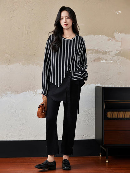 Yipinle fake two-piece striped patchwork sweatshirt for women spring and autumn 2024 new European style loose large size casual top