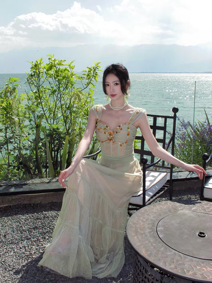 Good Job: 【Summer in Saint-Tropez】French-style Green Spaghetti Strap Tulle Dress, Unique Design Maxi Dress